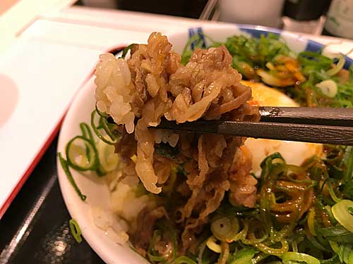 ネギたっぷり旨辛ネギたま牛めしの牛肉とごはん