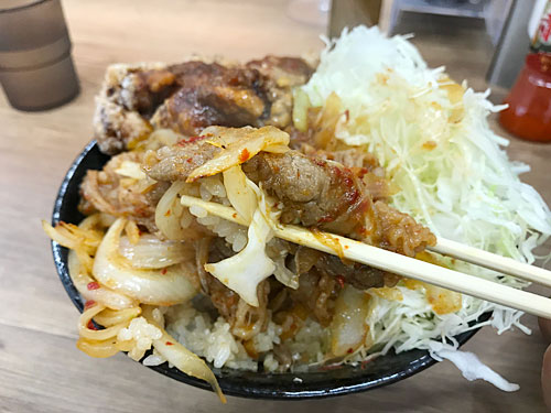 豪快すたみな唐揚げ牛焼肉合盛り丼の肉とごはん