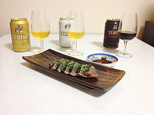 サッポロ エビスとカツオのたたき