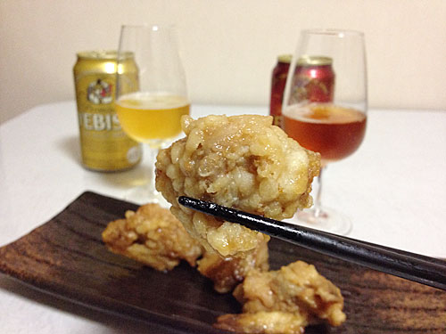 鶏唐とゴールドエビスと琥珀エビス