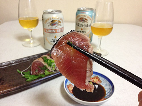 カツオのたたきとキリン一番搾り