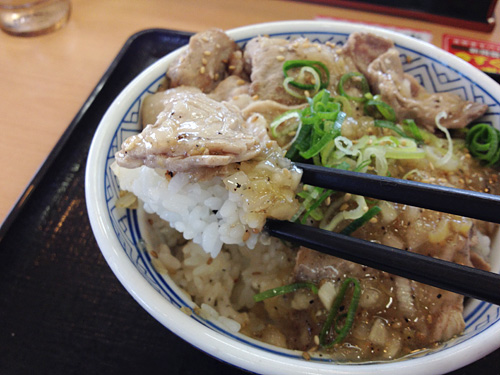 ねぎ塩ロース豚丼のごはんと豚肉