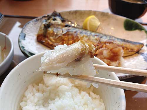 サバの塩焼をごはんと一緒に
