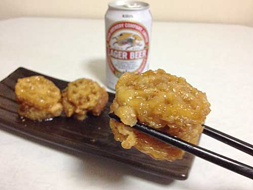 ラガービールとレンコンの挟み揚げ